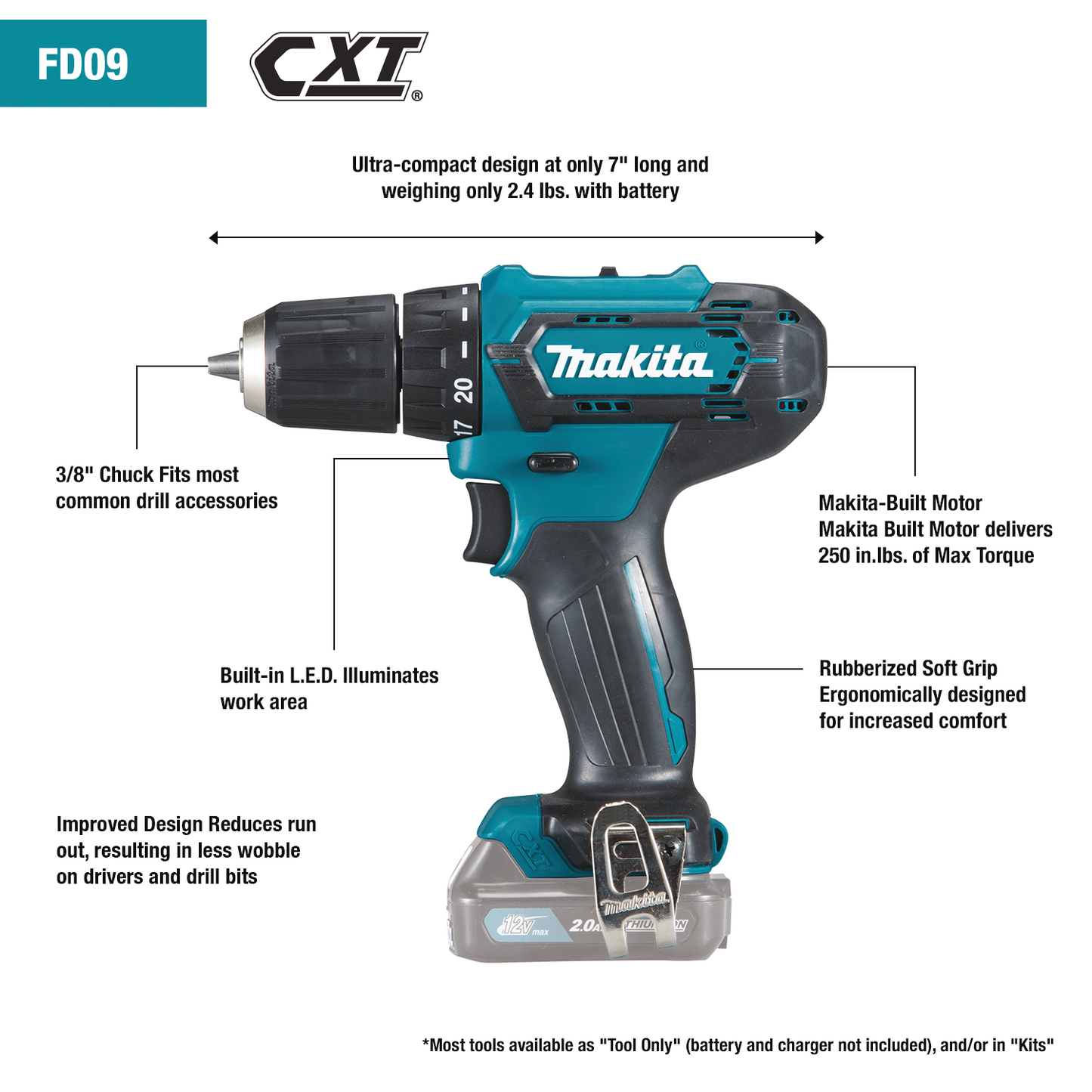Makita 12V max CXT Lithium‑Ion Cordless 3/8 Inch Driver‑Drill Kit 2.0Ah Factory Serviced