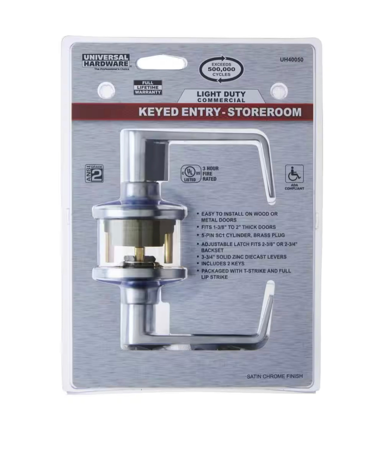 Universal Hardware Light Duty Commercial Storeroom Lever, ADA, UL 3-Hr Fire, ANSI Grade 2, Satin Chrome Finish Damaged Box