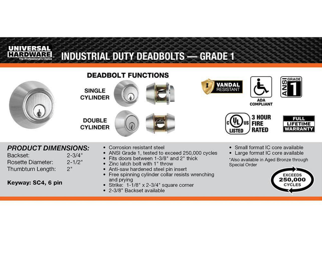 Universal Hardware  Industrial Duty Commercial Single Cylinder Deadbolt, UL 3-Hr Fire ANSI Grade 1, Satin Chrome Finish Damaged Box