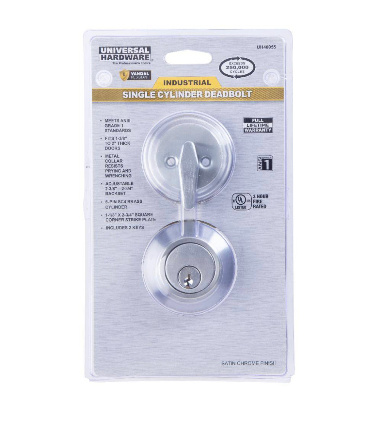 Universal Hardware  Industrial Duty Commercial Single Cylinder Deadbolt, UL 3-Hr Fire ANSI Grade 1, Satin Chrome Finish Damaged Box