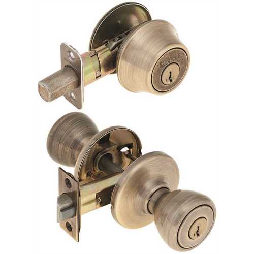 KwiksetTylo Antique Brass Entry Door Knob and Single Cylinder Deadbolt Combo Pack Featuring SmartKey Security