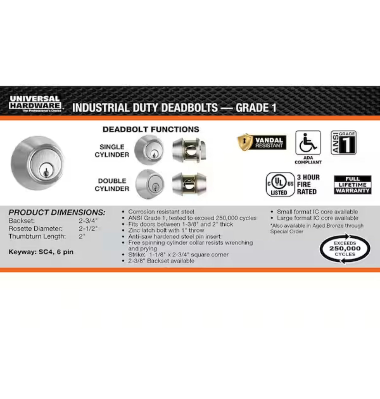 Universal Hardware Industrial Duty Commercial Double Cylinder Deadbolt, UL 3-Hr Fire ANSI Grade 1, Satin Chrome Finish Damaged Box