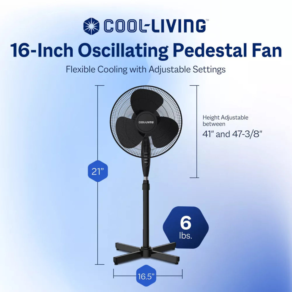Cool Living Black 16 Inch Electric Oscillating Pedestal Fan