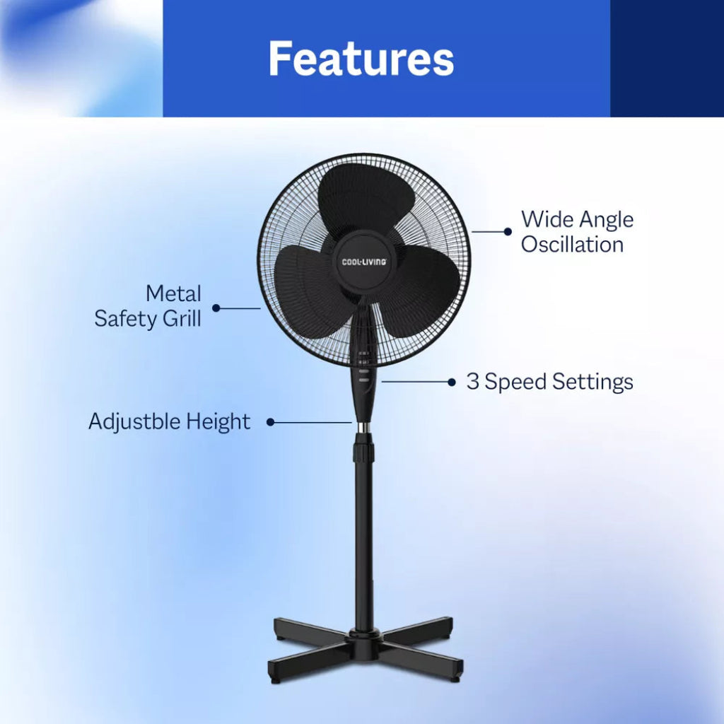 Cool Living Black 16 Inch Electric Oscillating Pedestal Fan