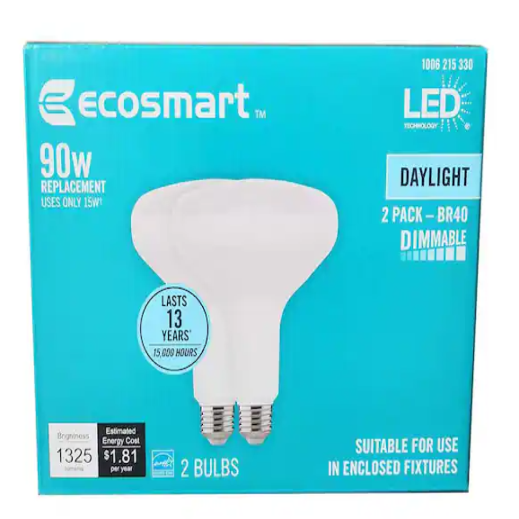 EcoSmart 90 Watt Equivalent BR40 Dimmable Energy Star LED Light Bulb Daylight 2 Pack Damaged Box