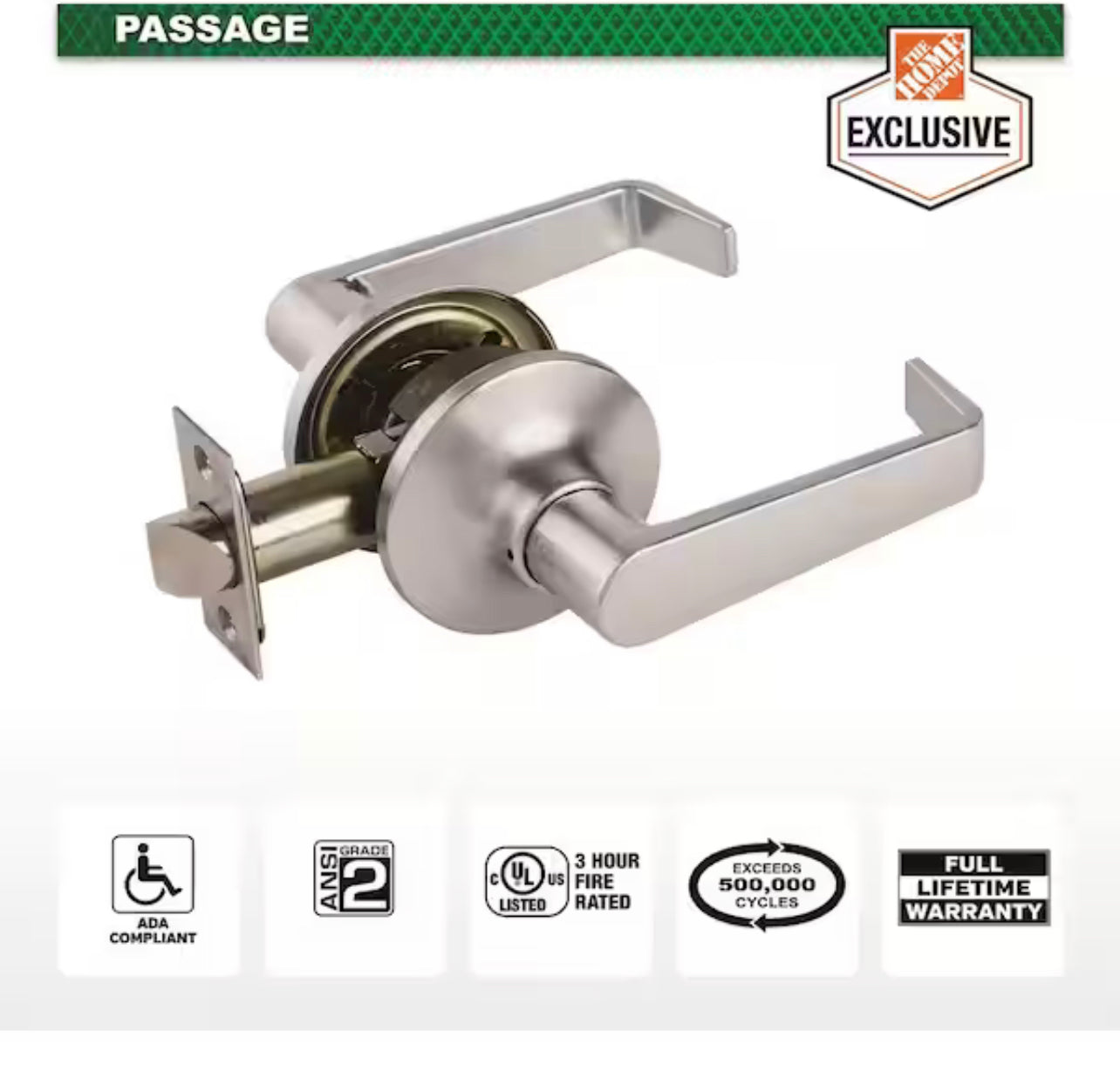 Universal Hardware Light Duty Commercial Passage (hall/closet) Lever ADA UL 3-Hr Fire ANSI Grade 2, Satin Chrome Finish Damaged Box