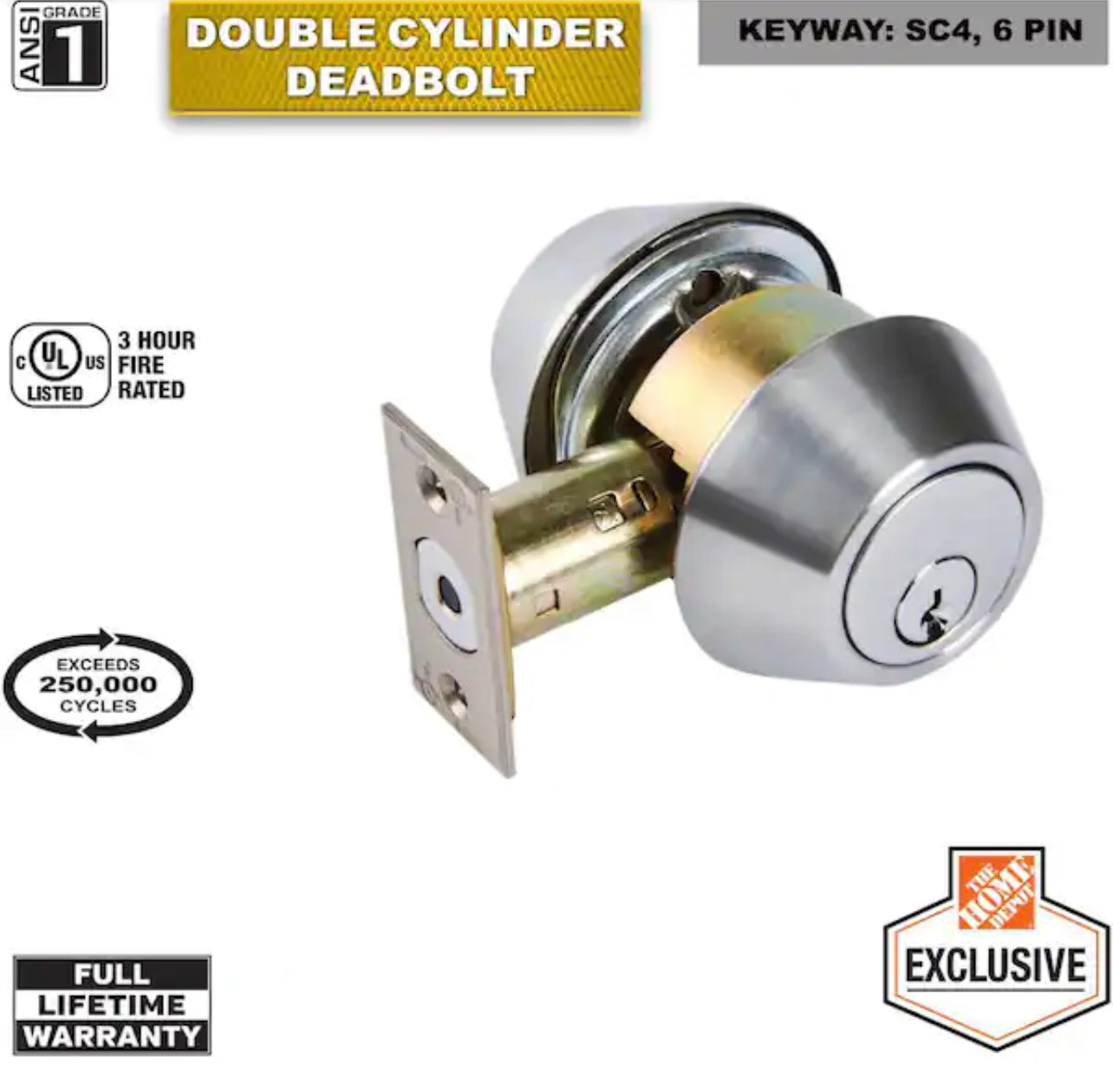 Universal Hardware Industrial Duty Commercial Double Cylinder Deadbolt, UL 3-Hr Fire ANSI Grade 1, Satin Chrome Finish Damaged Box