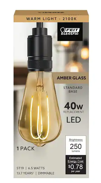 Feit Electric 40 Watt Equivalent ST19 Dimmable M Shape Filament Amber Glass Vintage Edison LED Light Bulb Warm White DAMAGED BOX