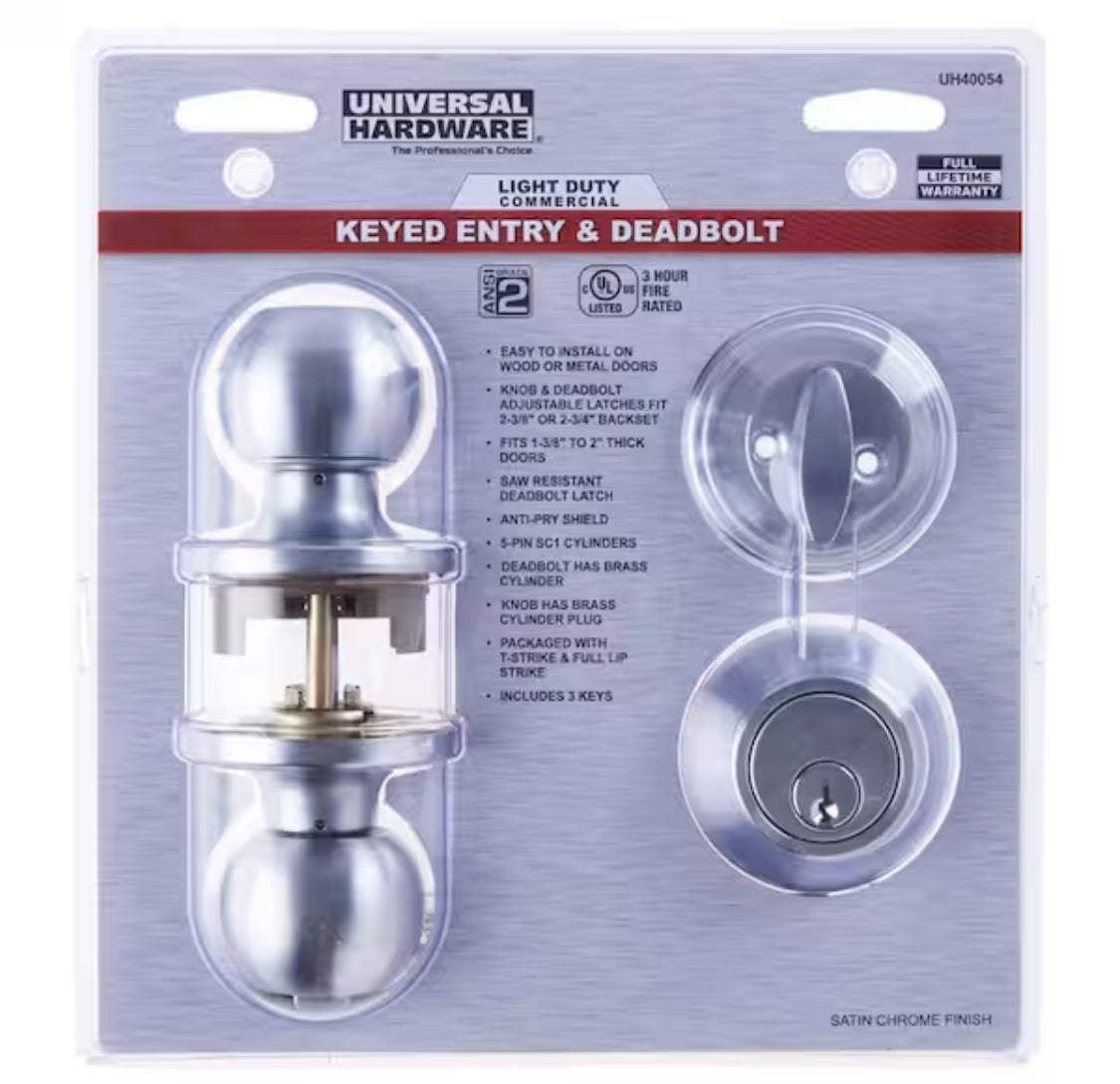 Universal Hardware Universal Hardware Light Duty Commercial ANSI Grade 2 Entry Knob and Deadbolt UL 3-Hr Fire, Keyed Alike Satin Chrome