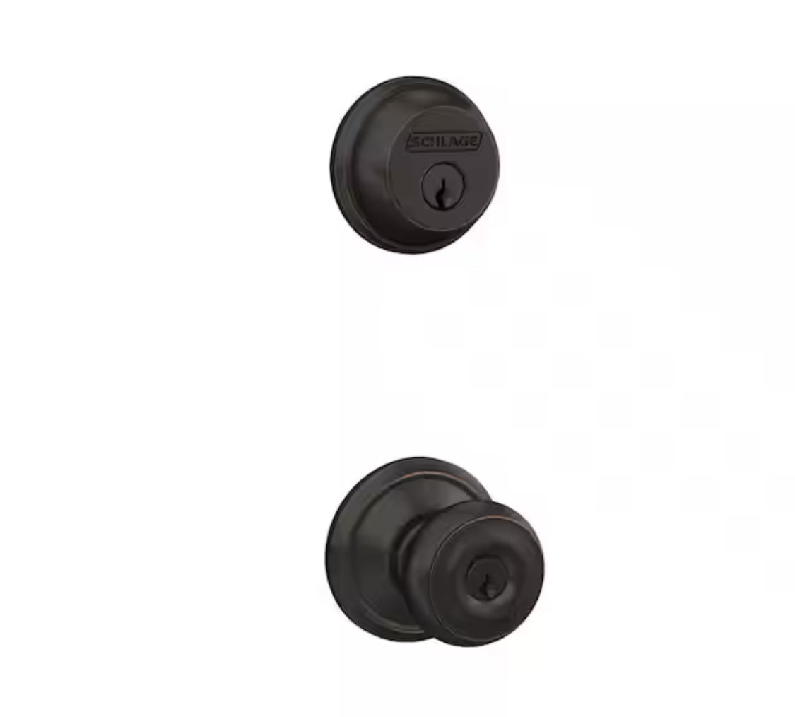 Schlage Georgian Aged Bronze Single Cylinder Deadbolt and Keyed Entry Door Knob Combo Pack