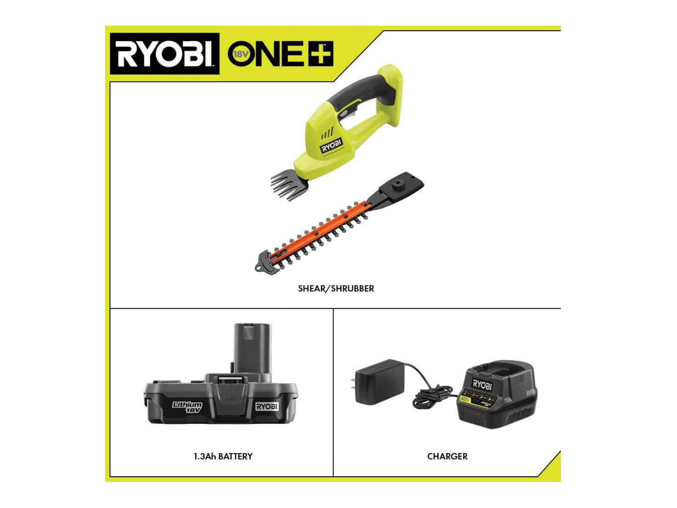 RYOBI ONE+ 18V Cordless Battery Grass Shear and Shrubber Trimmer with 1.3 Ah Battery and Charger