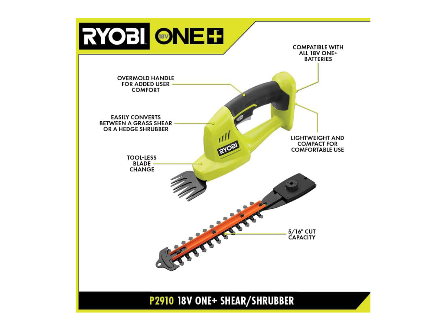 RYOBI ONE+ 18V Cordless Battery Grass Shear and Shrubber Trimmer with 1.3 Ah Battery and Charger