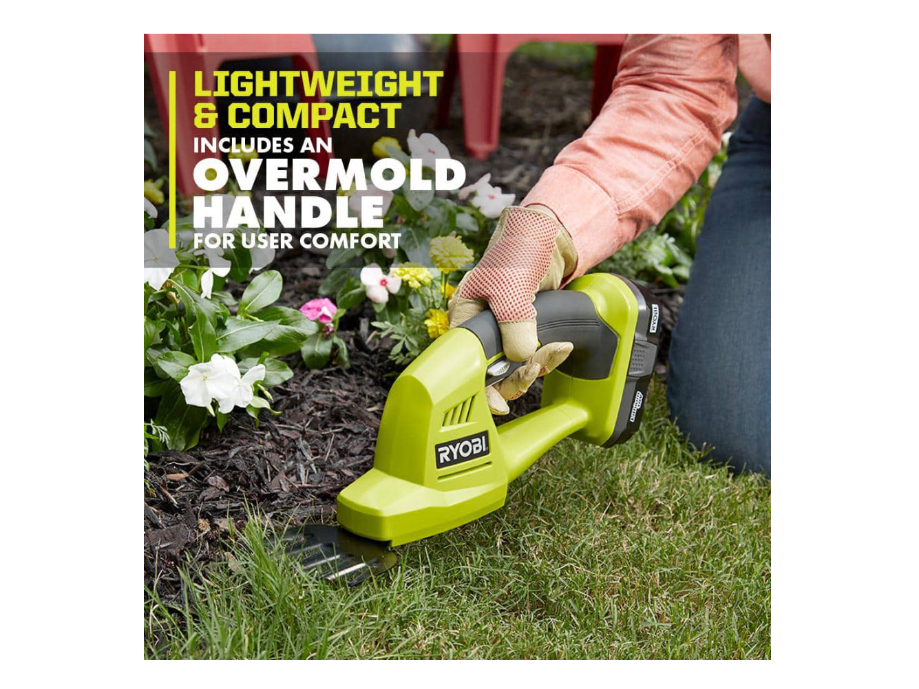 RYOBI ONE+ 18V Cordless Battery Grass Shear and Shrubber Trimmer with 1.3 Ah Battery and Charger