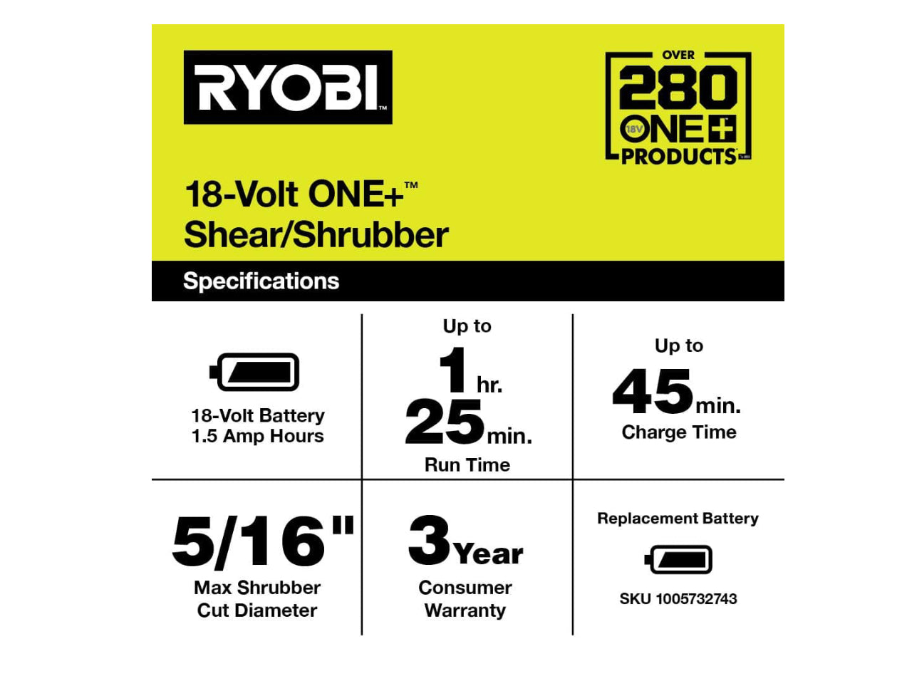 RYOBI ONE+ 18V Cordless Battery Grass Shear and Shrubber Trimmer with 1.3 Ah Battery and Charger