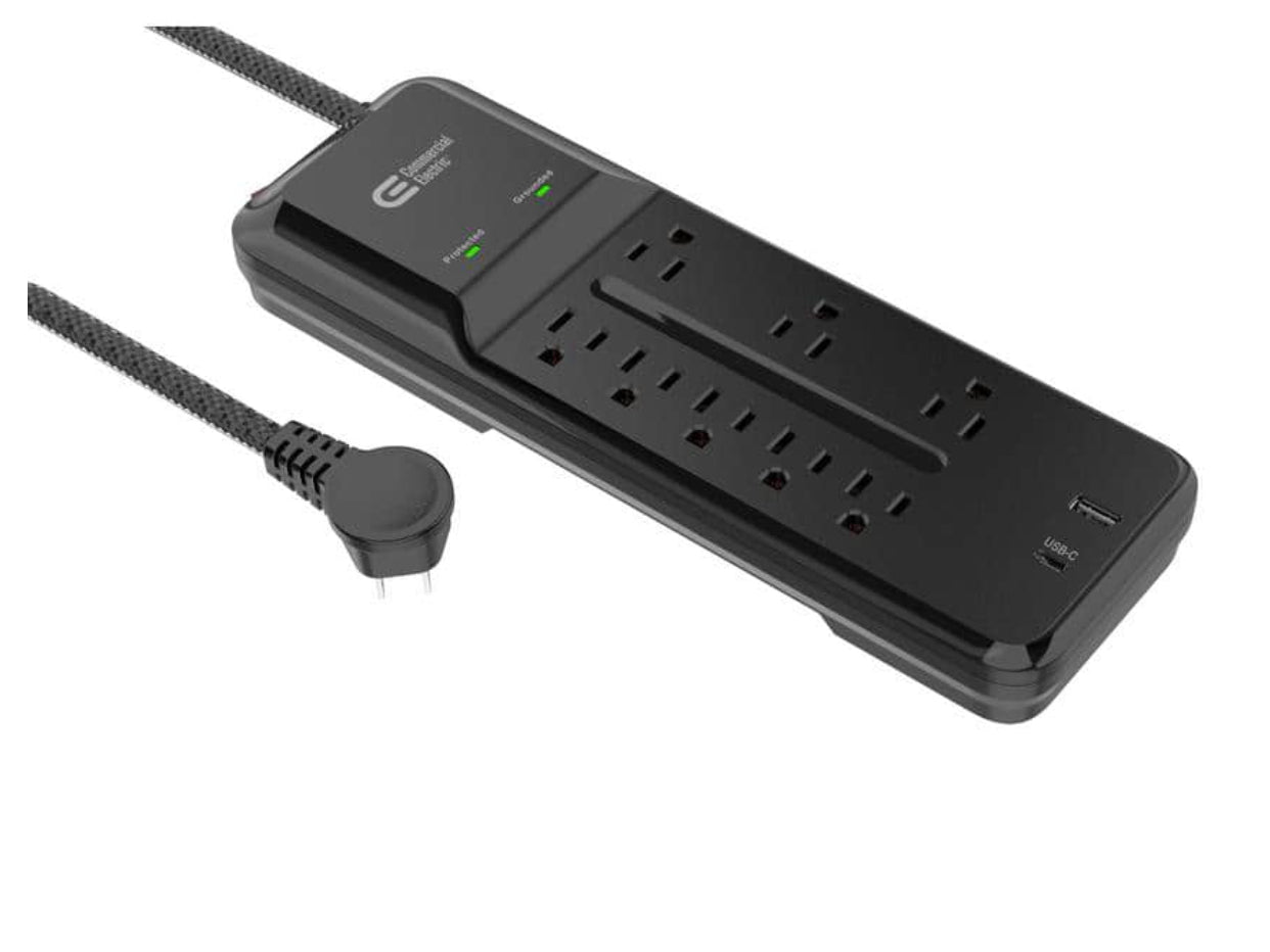 Commercial Electric 12 ft. Braided Cord 8-Outlet Surge Protector with 1 USB and 1 USB-C, Black NEW