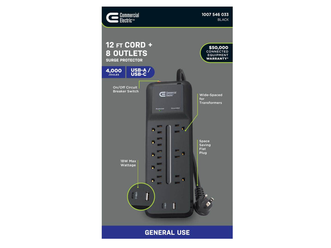 Commercial Electric 12 ft. Braided Cord 8-Outlet Surge Protector with 1 USB and 1 USB-C, Black NEW