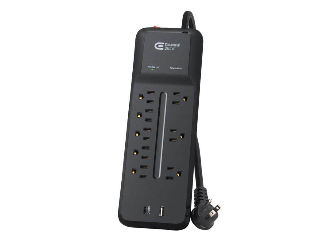 Commercial Electric 12 ft. Braided Cord 8-Outlet Surge Protector with 1 USB and 1 USB-C, Black NEW