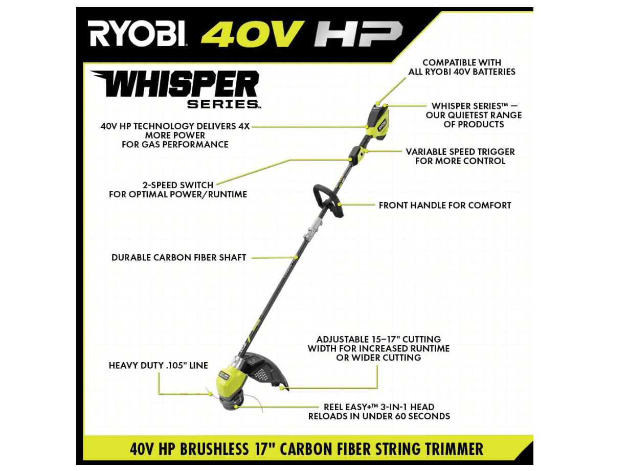 RYOBI 40V HP Brushless Whisper Series 17 in. Cordless Battery Carbon Fiber Shaft String Trimmer w/ 6.0 Ah Battery & Charger - Damaged Box