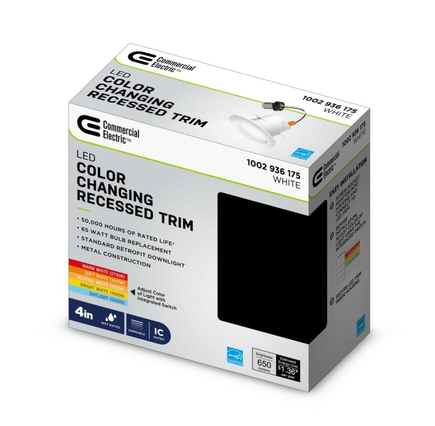 Commercial Electric 4 in. New Construction or Remodel White Dimmable LED Recessed Trim with Adjustable Color Changing Technology Damaged Box