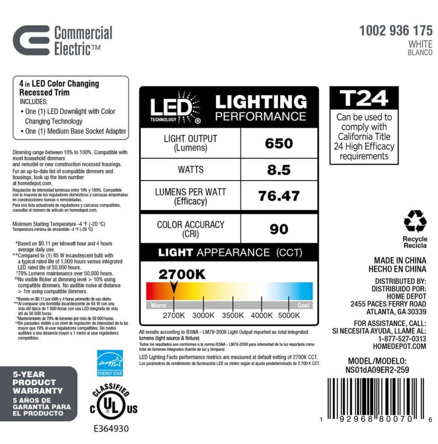 Commercial Electric 4 in. New Construction or Remodel White Dimmable LED Recessed Trim with Adjustable Color Changing Technology Damaged Box