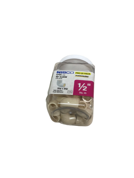 NIBCO 1/2 in. x 1/2 in. Chlorinated Poly Vinyl Chloride (CPVC)-CTS 90-Degree Slip x Slip Elbow Fitting Pro Pack (25-Pack) DAMAGED BOX