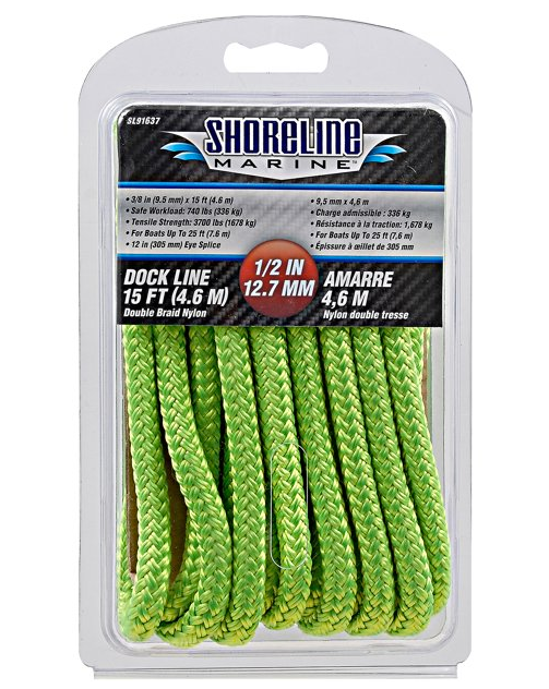 Shoreline Marine Double Braided Polyester 1/2 in x 15 ft Neon Green Dock Line