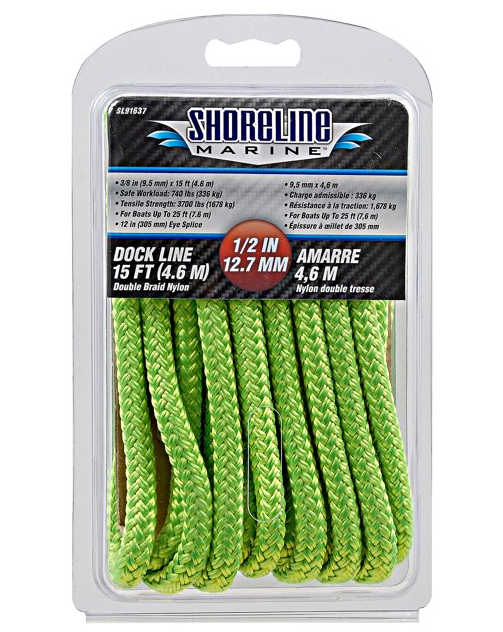 Shoreline Marine Double Braided Polyester  1/2 in x 15 ft Neon Green Dock Line