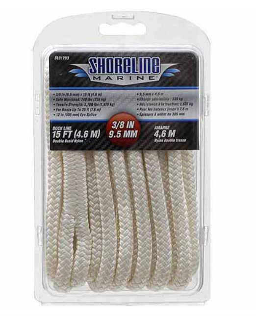 Shoreline Marine Double Braided Nylon Dock Line 3/8 in x 15 ft White