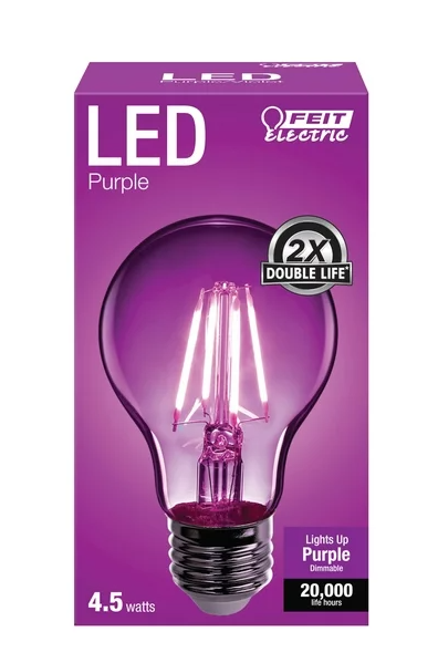 Feit Electric 4.5Watt (40W Equivalent) Dimmable Purple Filament Clear Glass, A19 E26 LED Light Bulb Damaged Box