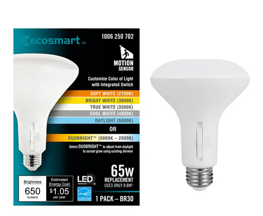 EcoSmart 65-Watt Equivalent BR30 Dimmable Motion Sensor LED Light Bulb with Selectable Color Temperature Plus DuoBright (1-Pack) DAMAGED BOX