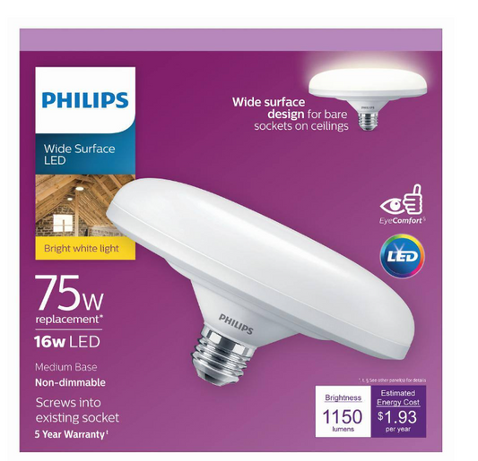 Philips 75-Watt Equivalent LED Non-Dimmable Wide Surface LED Light Bulb Bright White 3000K 1 Pack DAMAGED BOX