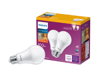 Philips LED Soft White Light Bulbs 2-Pack 100W A19 Dimmable