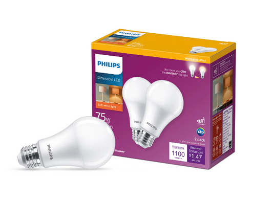 Philips LED 75-Watt A19 General Purpose Household Light Bulb Frosted Soft White Warm Glow Dimmable E26 Medium Base 2-Pack DAMAGED BOX