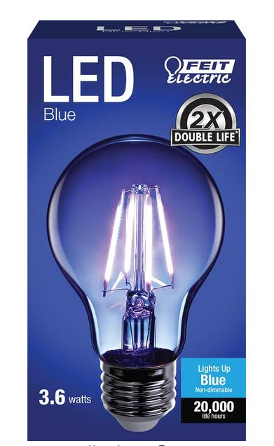 Feit Electric 25-Watt Equivalent A19 Medium E26 Base Dimmable Filament Blue Colored LED Clear Glass Light Bulb DAMAGED BOX