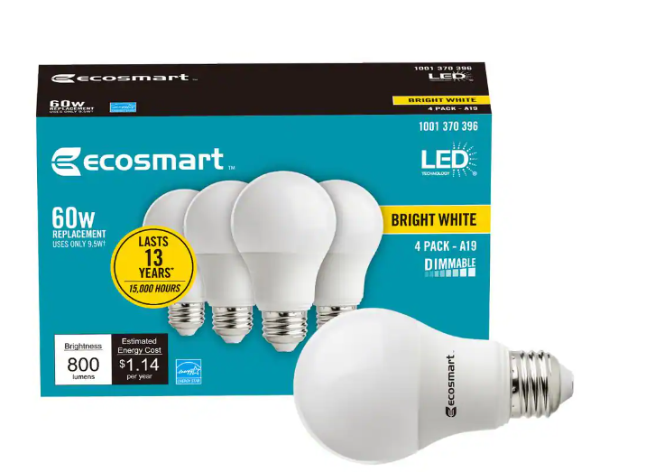 EcoSmart 60-Watt Equivalent A19 Dimmable Energy Star LED Light Bulb Bright White 4 Pack DAMAGED BOX