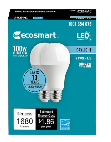 EcoSmart 100-Watt Equivalent A19 Dimmable Energy Star LED Light Bulb Daylight 2 Pack DAMAGED BOX