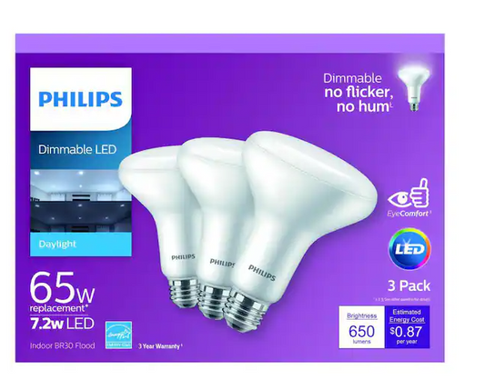 Philips 65-Watt Equivalent BR30 Dimmable ENERGY STAR LED Light Bulb Daylight (3 Bulbs DAMAGED BOX
