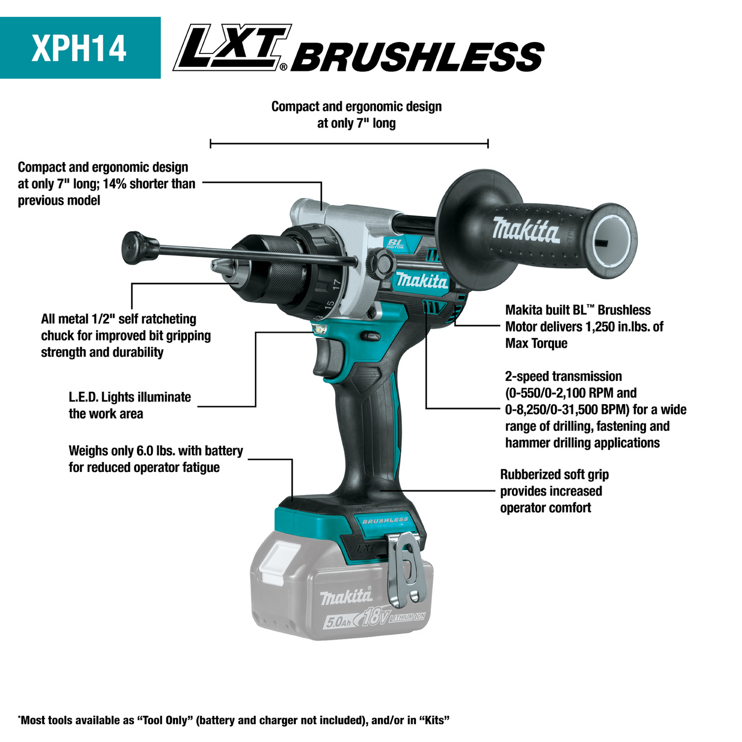 Makita 18 Volt LXT Lithium‑Ion Brushless Cordless 1/2 Inch Hammer Driver‑Drill Kit 5.0Ah Factory Serviced
