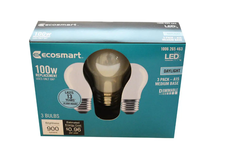 Ecosmart 100 Watt Equivalent A15 Dimmable Appliance Fan Frosted Glass Edison Filament LED Light Bulb Daylight (3-Pack) Damaged Box