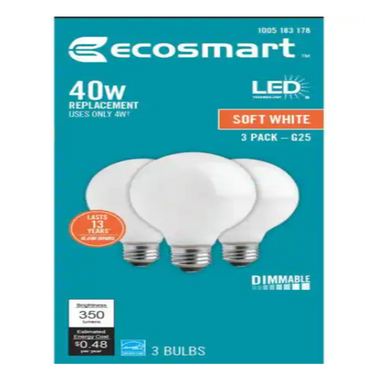 EcoSmart 40-Watt Equivalent G25 Globe Dimmable Energy Star Filament LED Vintage Edison Light Bulb Soft White 3 Pack DAMAGED BOX