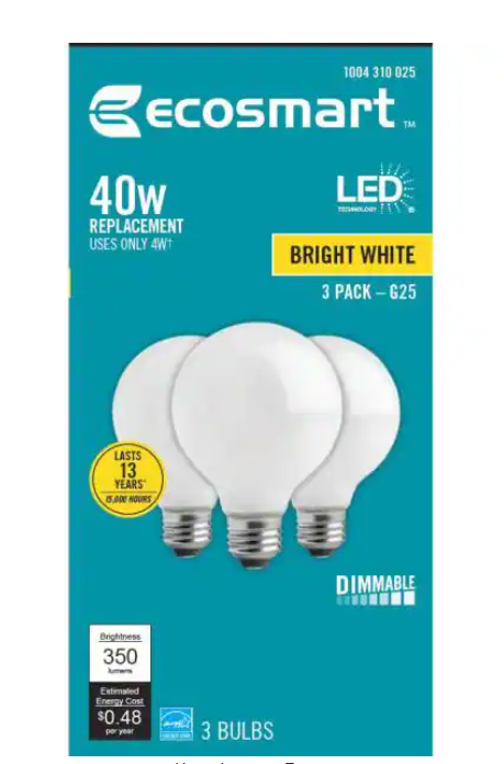 EcoSmart 40-Watt Equivalent G25 Dimmable Energy Star Frosted Glass Filament LED Vintage Edison Light Bulb Bright White 3 Pack DAMAGED BOX