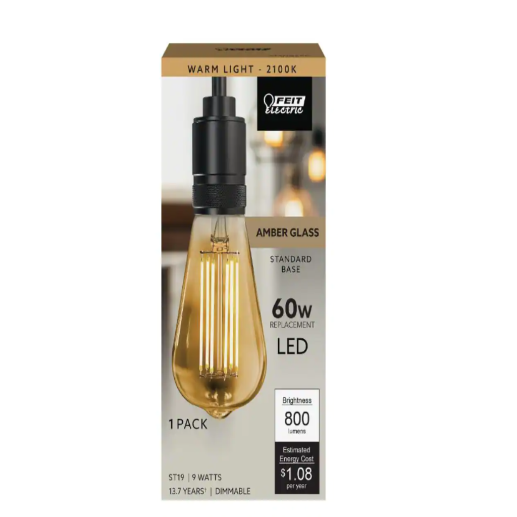 Feit Electric 60-Watt Equivalent ST19 Dimmable Straight Filament Amber Glass E26 Vintage Edison LED Light Bulb, Warm White 2100K Damaged Box