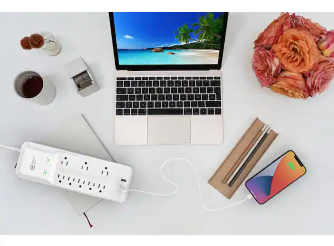 Commercial Electric 12 ft. Braided Cord 8-Outlet Surge Protector with USB, White