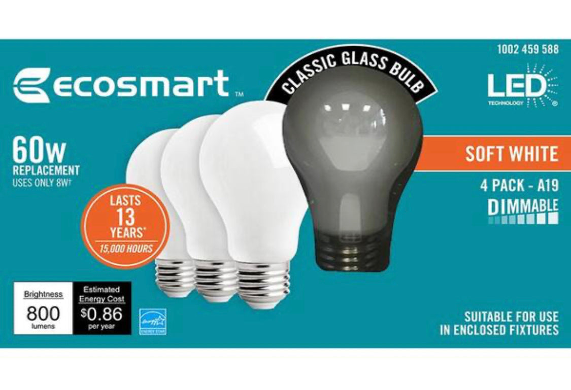 EcoSmart 60-Watt Equivalent A19 Dimmable Energy Star Frosted Filament LED Light Bulb Soft White (4-Pack) - Damaged Box