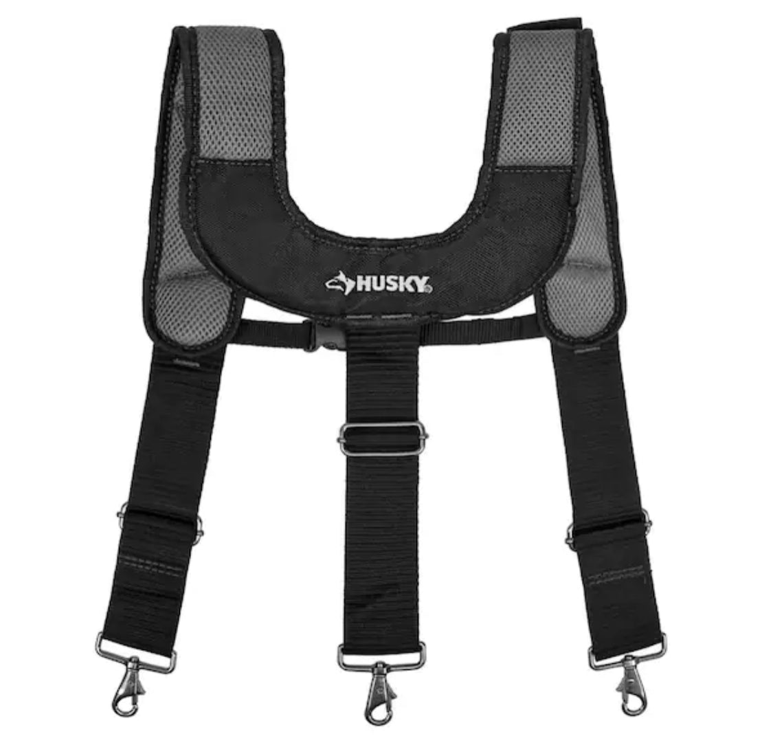 Husky 2-Bag 14-Pocket Black Electricians Suspension Rig Work Belt with Suspenders