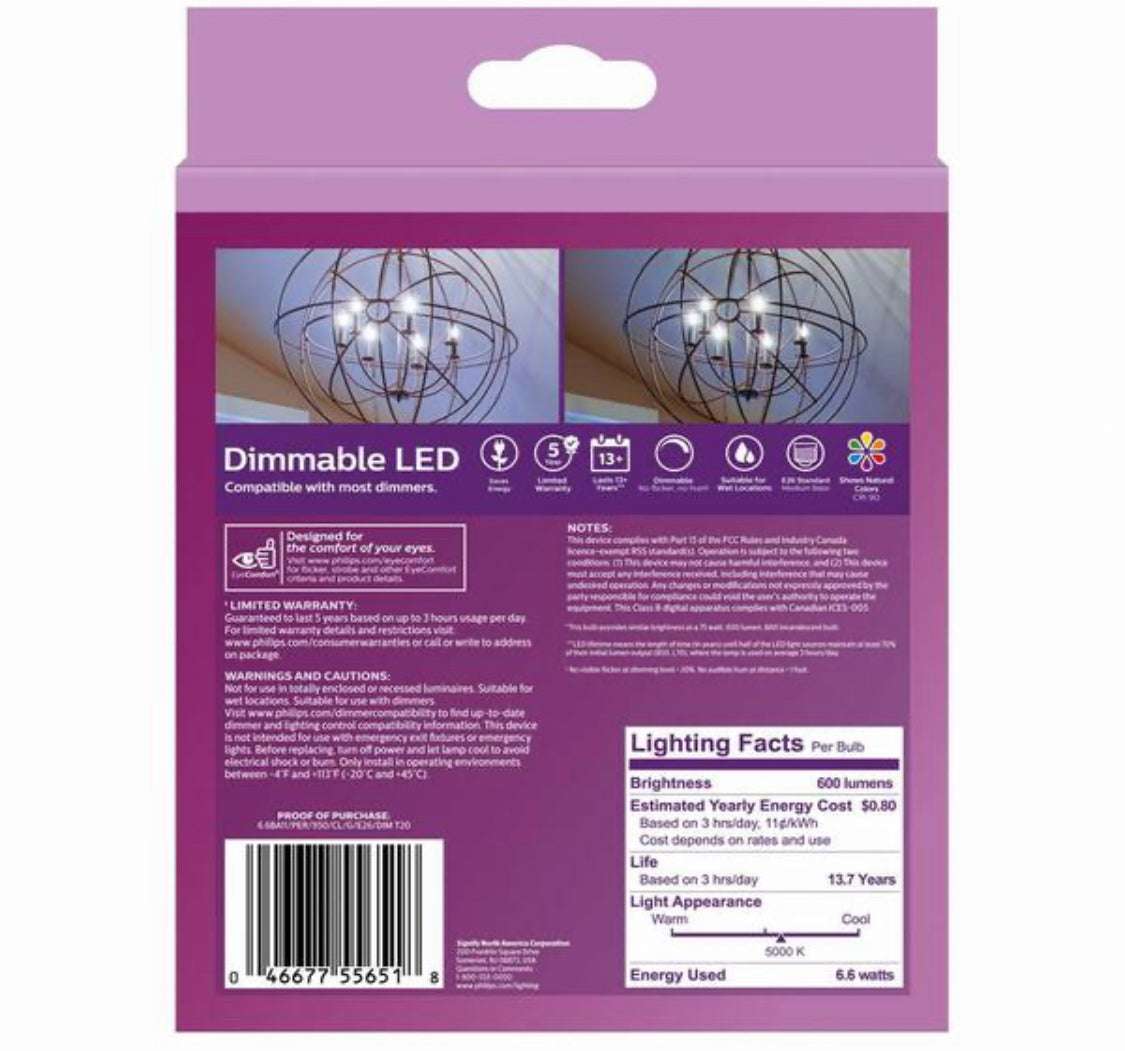Philips 75-Watt Equivalent BA11 Dimmable Edison Glass LED Candle Light Bulb Bent Tip Medium Base Daylight (5000K) (3-Pack) - Damaged Box