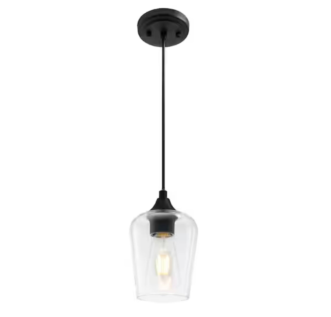 Top Rated Merra 5 in. W x 6 in. H 1-Light Matt Black Pendant with Clear Glass Shade - Damaged Box