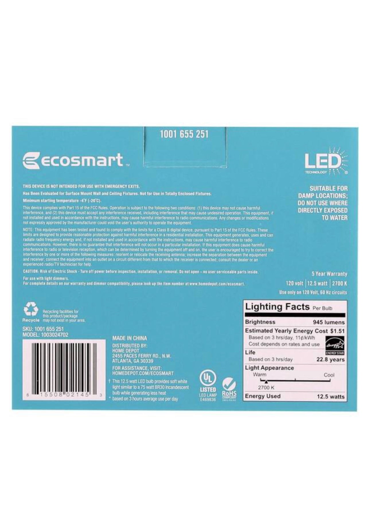 Ecosmart 75 Watt Equivalent BR30 Dimmable Energy Star LED Light Bulb Soft White (2-Pack) Damaged Box