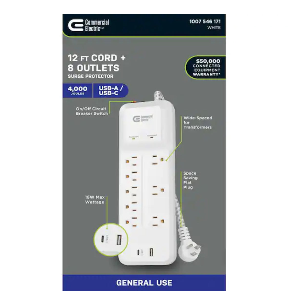 Commercial Electric 12 ft. Braided Cord 8-Outlet Surge Protector with USB, White