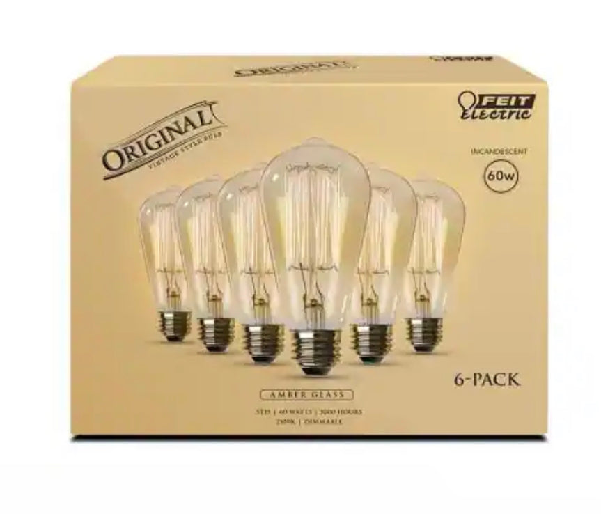 Feit Electric 60-Watt ST19 Dimmable Cage Filament Amber Glass E26 Incandescent Vintage Edison Light Bulb, Warm White (6-Pack) - Damaged Box